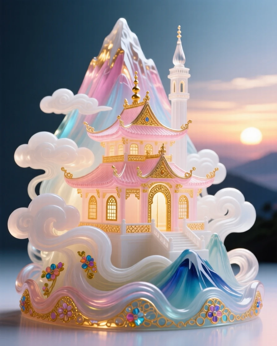 A grand mountain temple wrapped in swirling clouds at the very first light, mystical and serene.