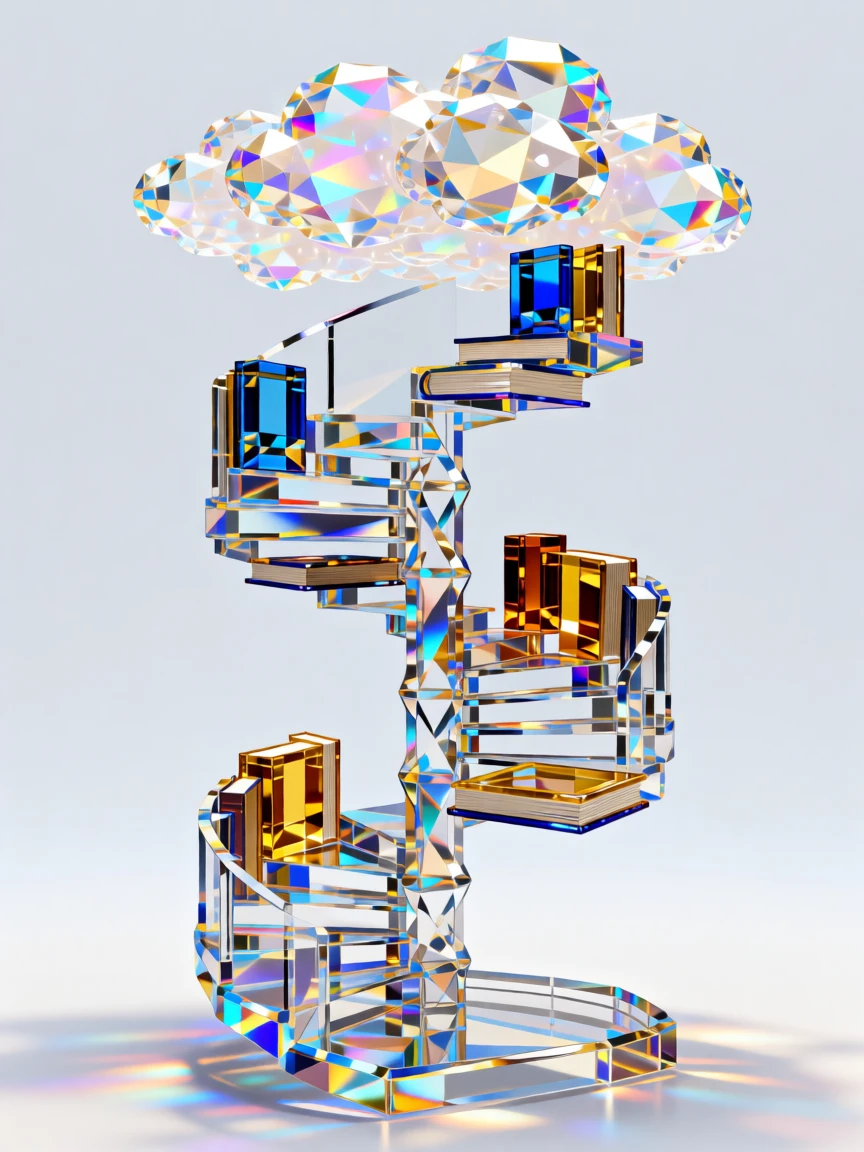 A dreamlike library where floating books form a spiral staircase into the clouds.