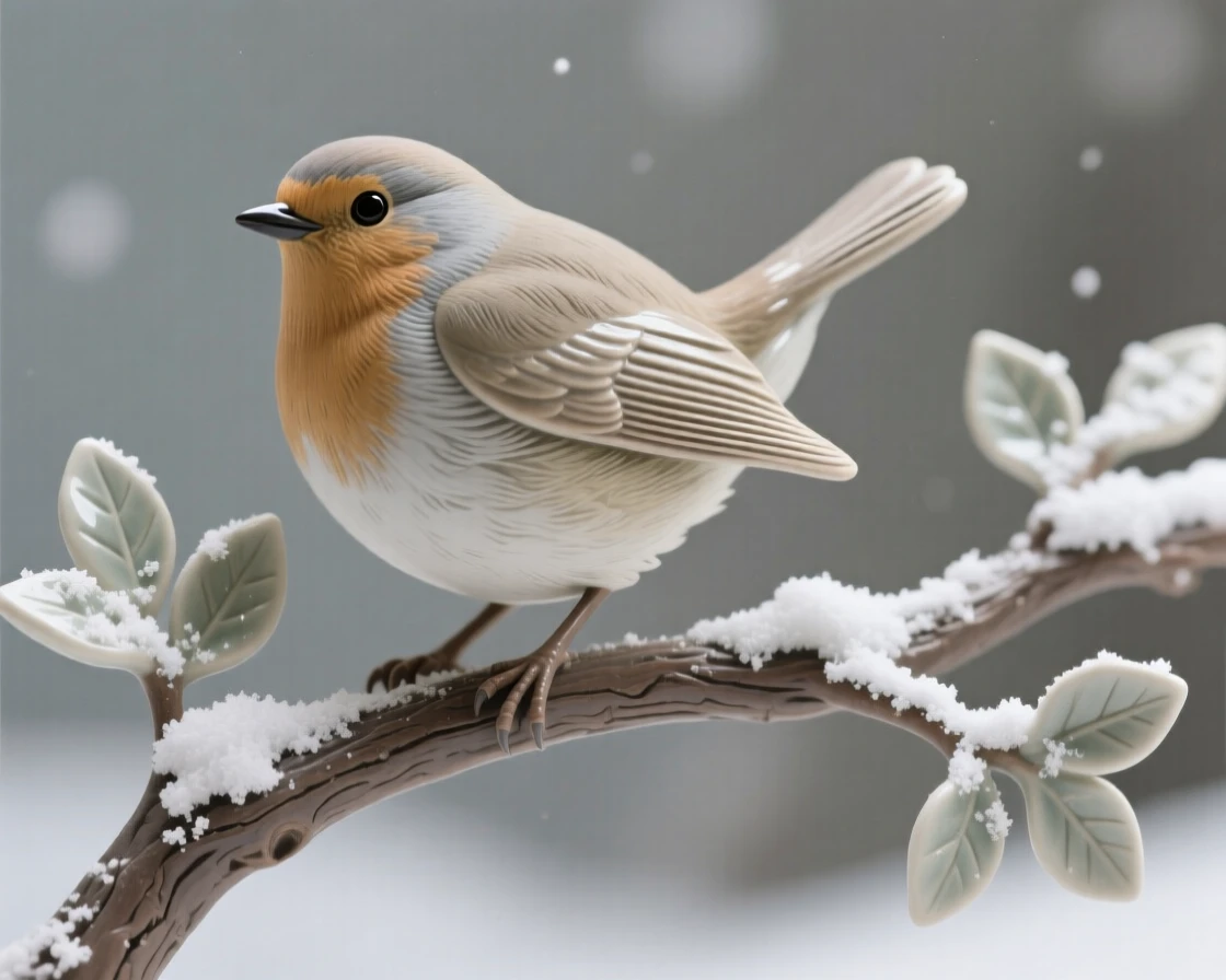 A robin perched on a snow-dusted branch resting quietly amid soft foliage, its feathers ruffled gently by the wind, radiating delicate, fleeting beauty.