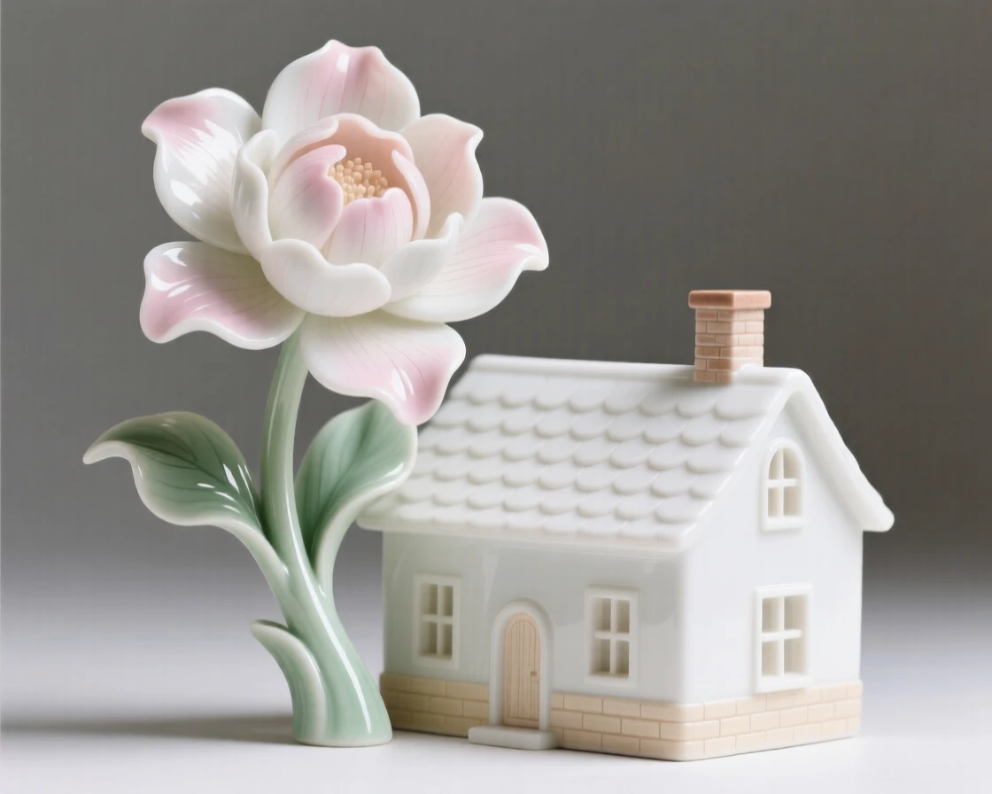 A surreal composition where a single flower grows impossibly large beside a small cottage, suspended in a moment of serene stillness.