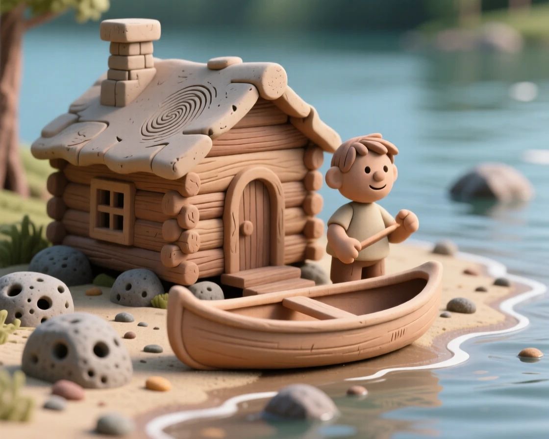 A summer lakeside cabin with a canoe resting on the shore