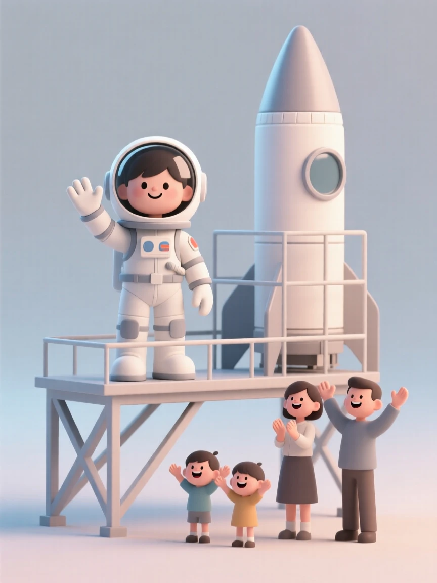 A proud young astronaut waves from a rocket gantry before boarding, family cheering far below.