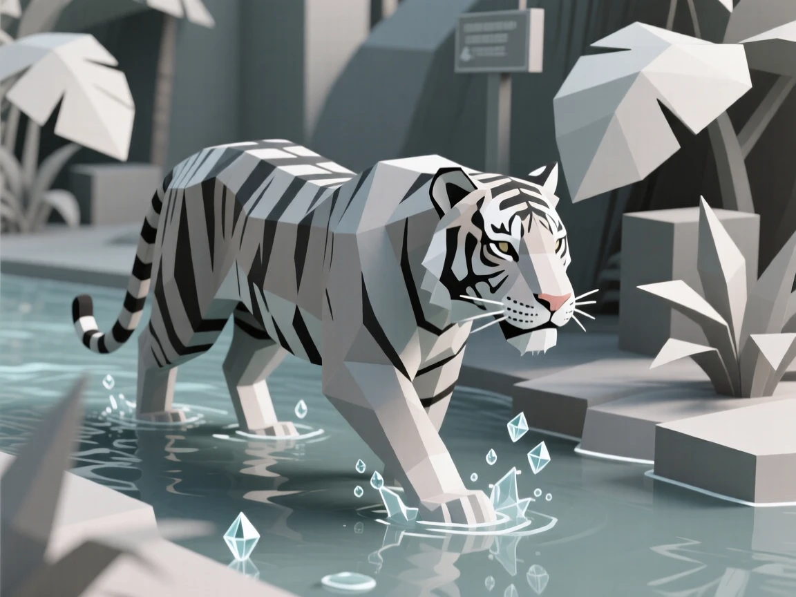 A tiger wading through a jungle stream, in the soft light of late afternoon. water droplets and fine textures catch the light. The atmosphere is wild and untamed.
