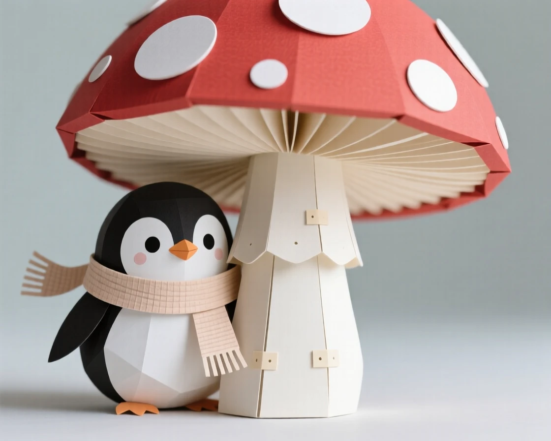 A round penguin chick in a scarf peeking out from behind a giant mushroom, with a tiny scarf fluttering in the breeze, capturing pure adorable innocence.