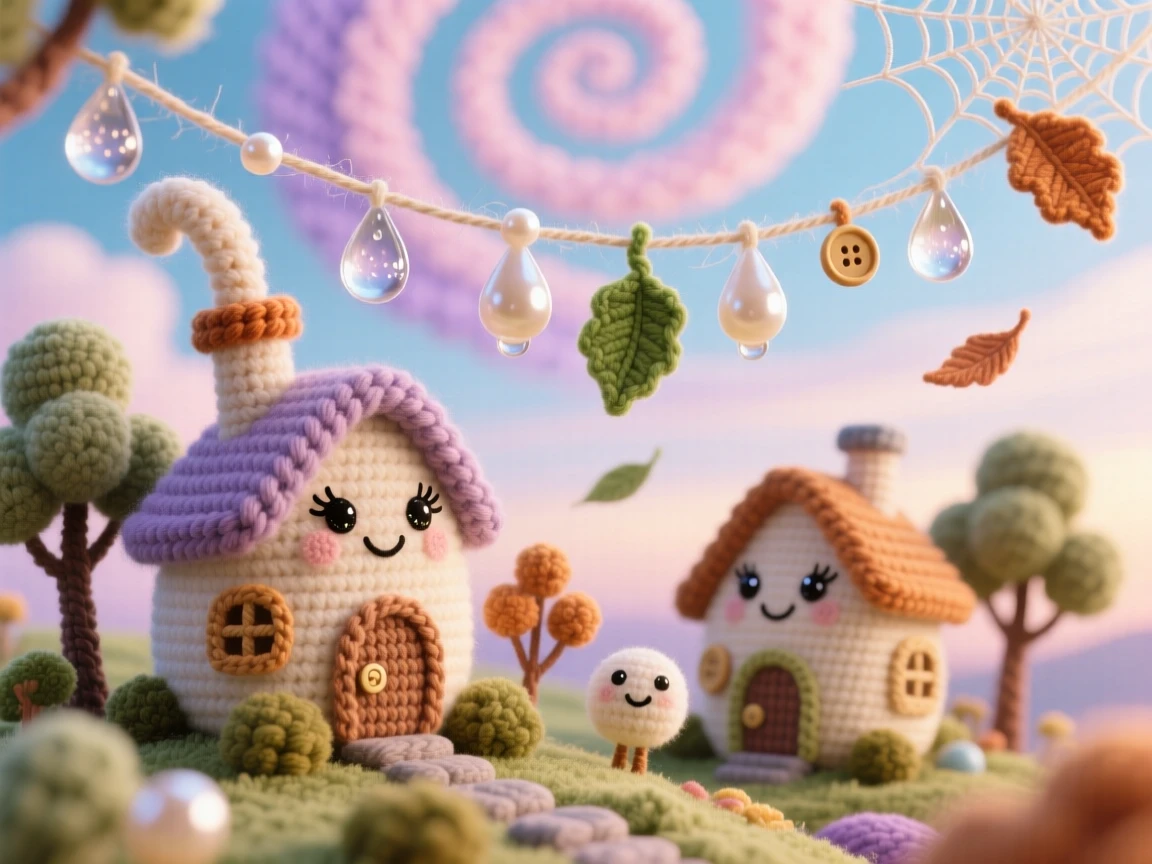 a miniature village built along a string of pearl-like dewdrops, glistening in the morning sun, strung along a single spider's thread, beneath a swirling pastel sky, with a soft breeze carrying tiny leaves, evoking cozy, whimsical enchantment.