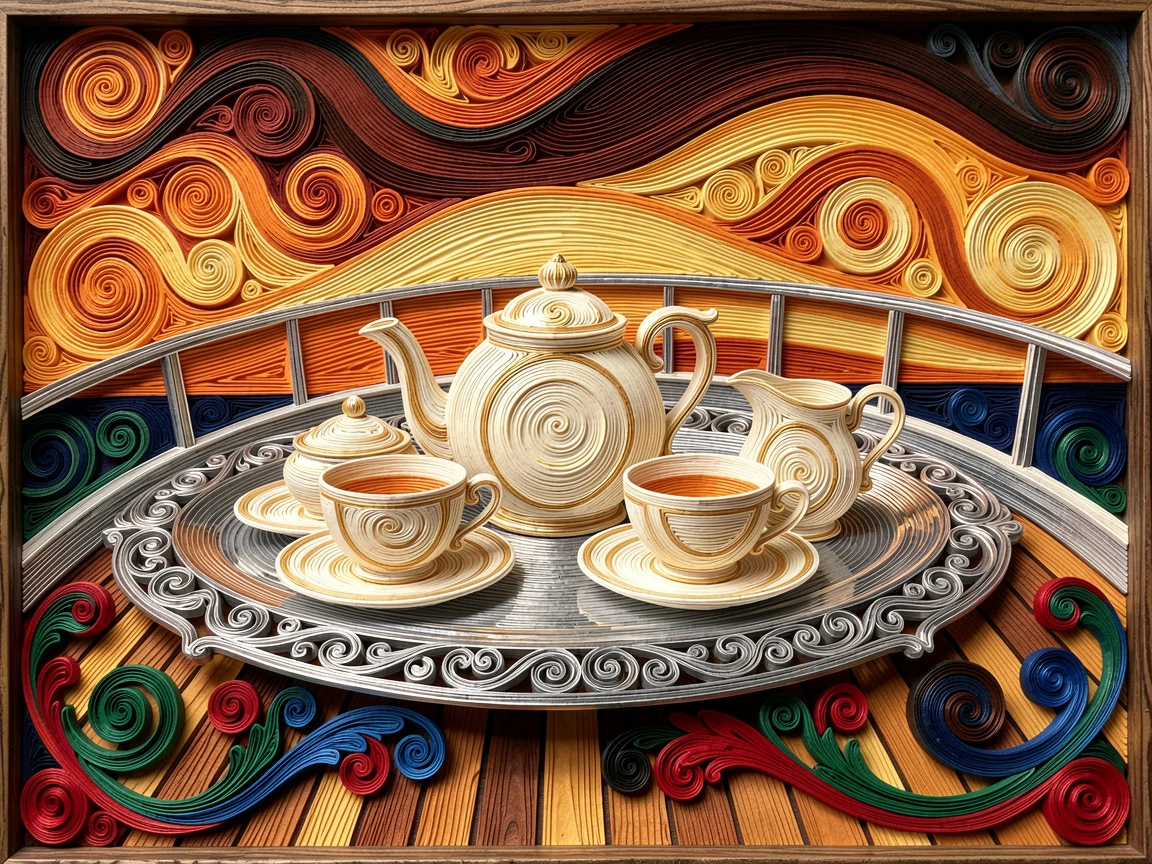 A sophisticated luxury scene of an elegant tea set arranged on a silver tray on the deck of a luxury yacht at sunset, with warm amber lighting throughout, framed with rich, deep shadows for contrast.