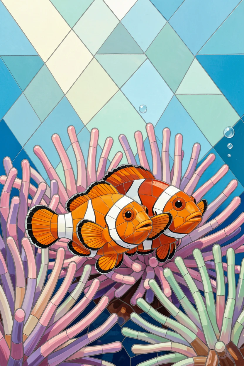 A vivid underwater scene of a colorful clownfish family nestled among sea anemones, rich in color and serene movement.