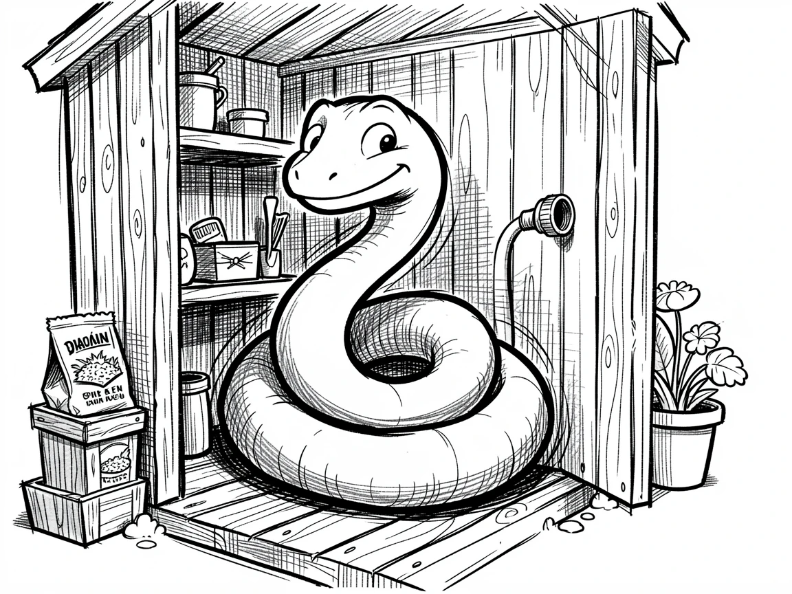 A garden hose coiled up like a sleeping snake with a friendly face in a garden shed.