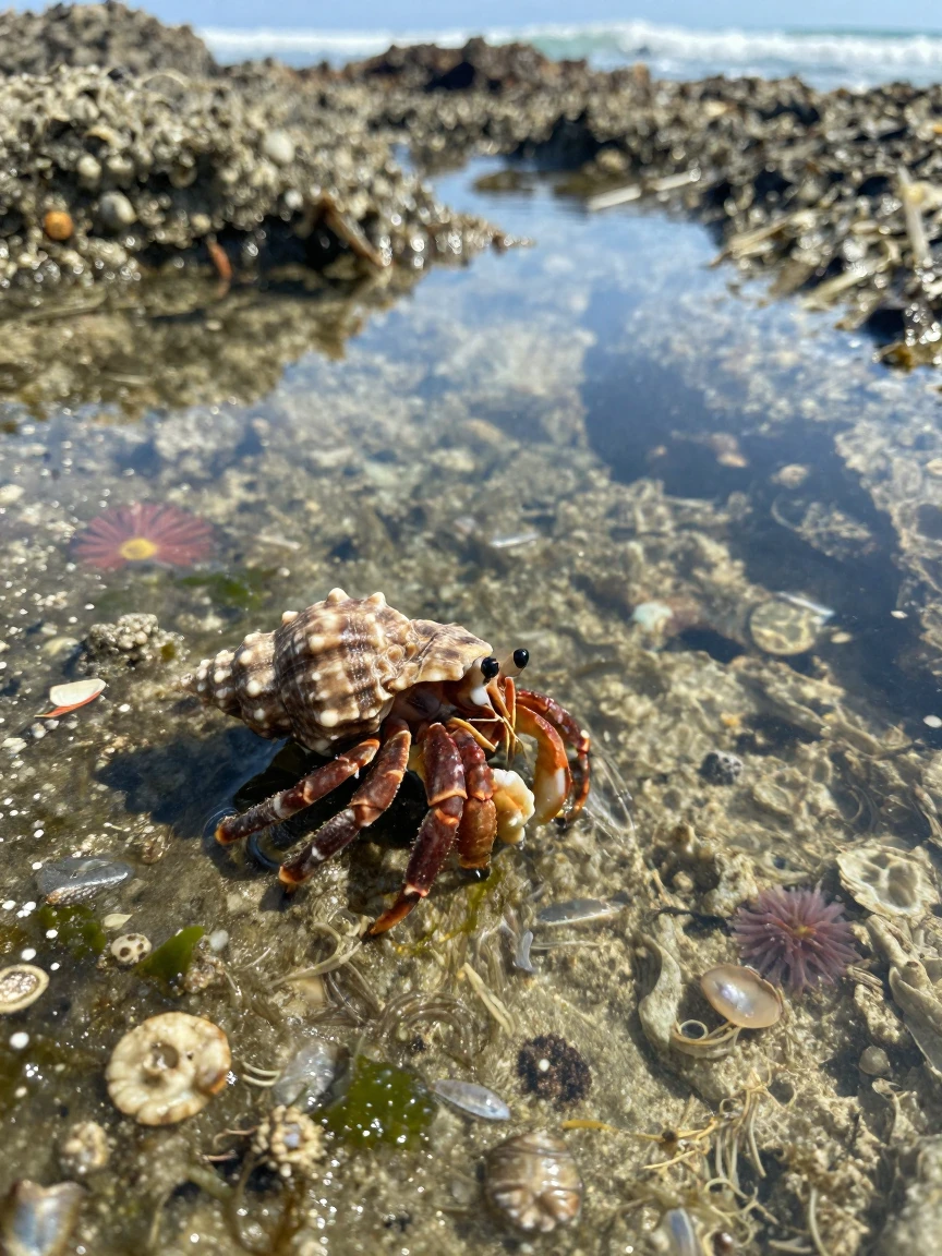 A hermit crab exploring a tide pool