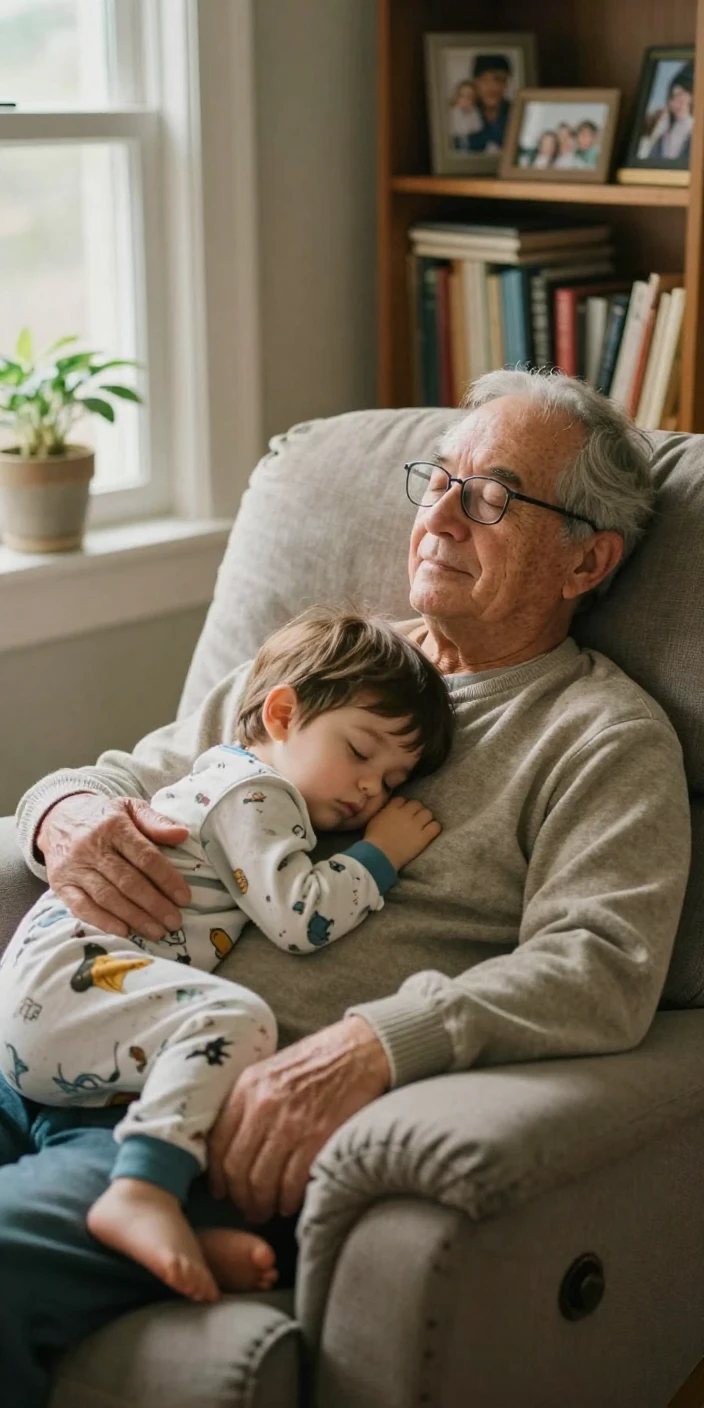 A grandfather naps in a recliner with a grandchild curled asleep on his chest.