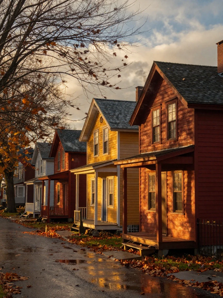 A row of cottages, swept by strong autumn winds, quiet and still