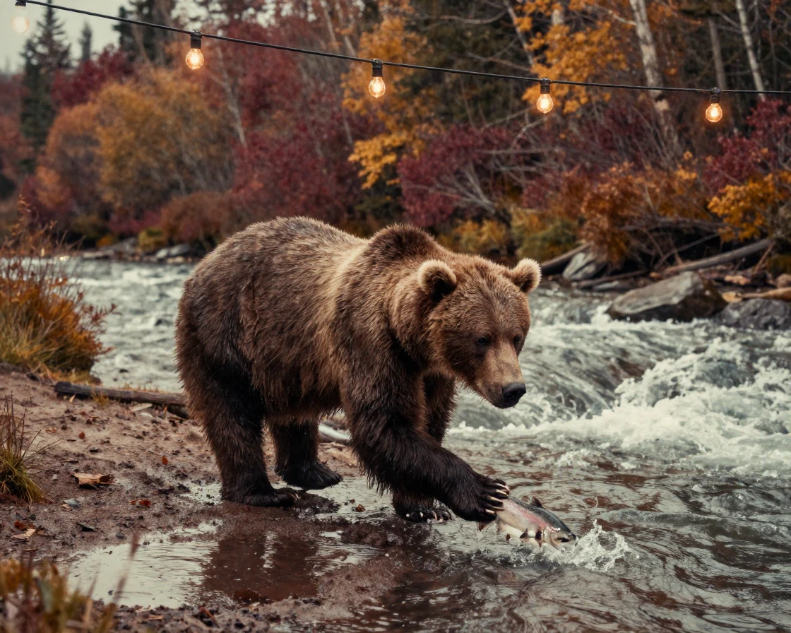A brown bear fishing for salmon in a rushing river, under strings of warm string lights, just after a rain shower, with puddles reflecting the sky, in late autumn, with rich burgundy and gold accents, over the shoulder of the main subject.