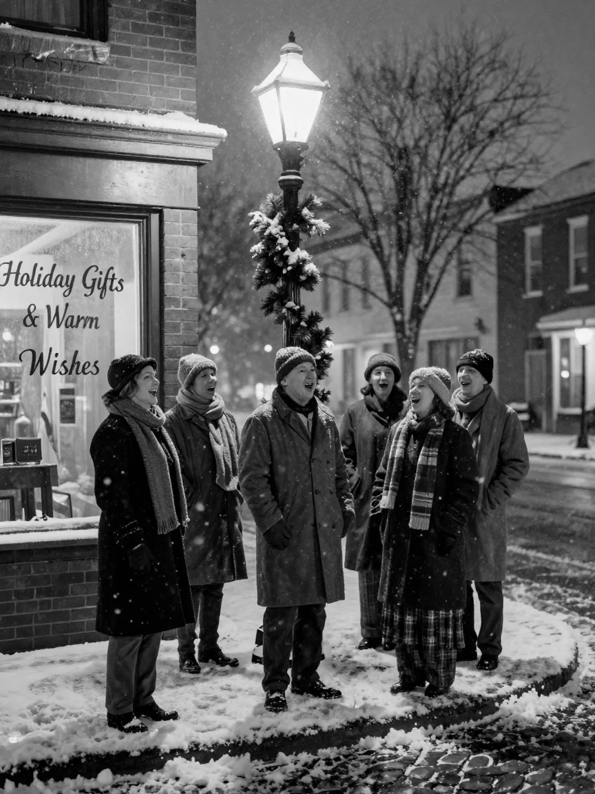 A group of carolers sings beneath falling snow on a quiet snowy street corner.