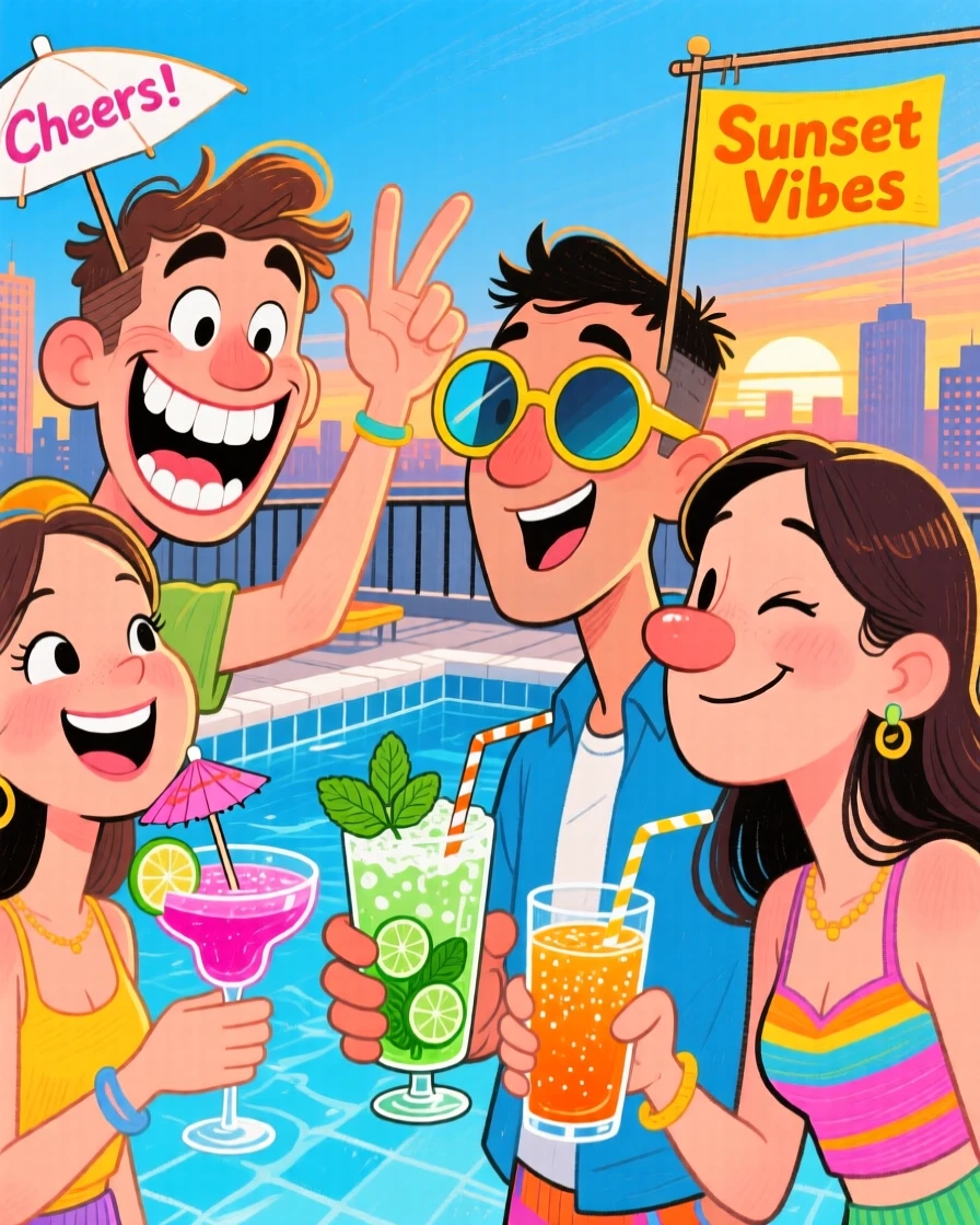A group of friends at a rooftop pool party, sunglasses on, drinks in hand.
