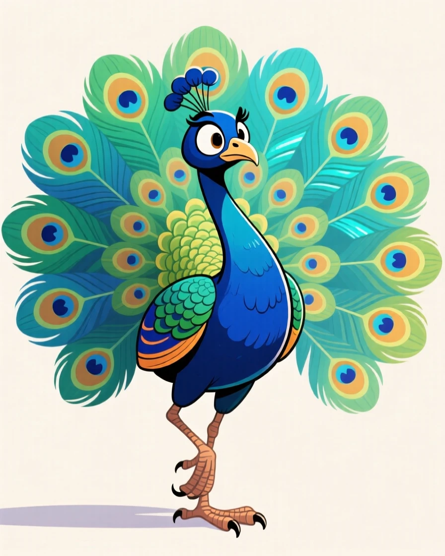 A charming animal moment featuring a regal peacock striking a dramatically exaggerated pose, with feathers or fur puffed out dramatically.