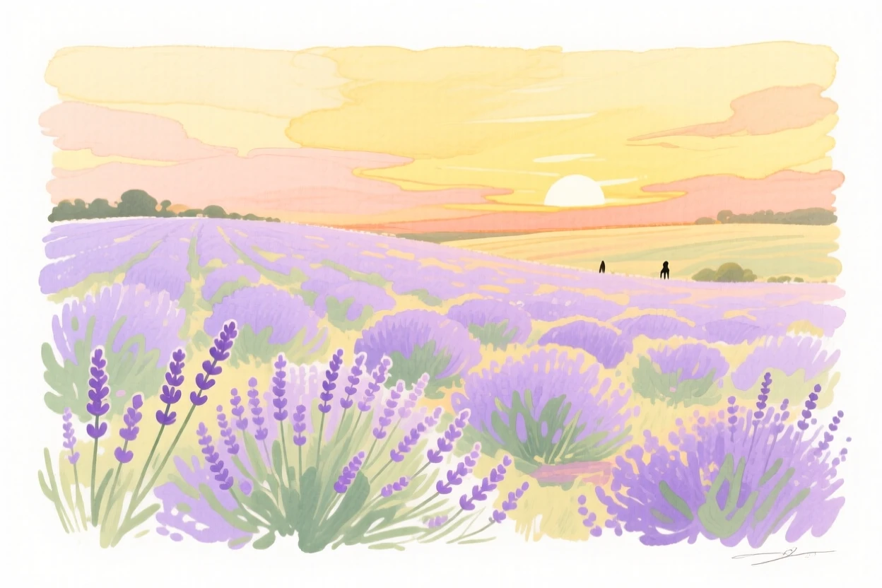 A serene landscape of a field of lavender stretching to the horizon at golden sunset