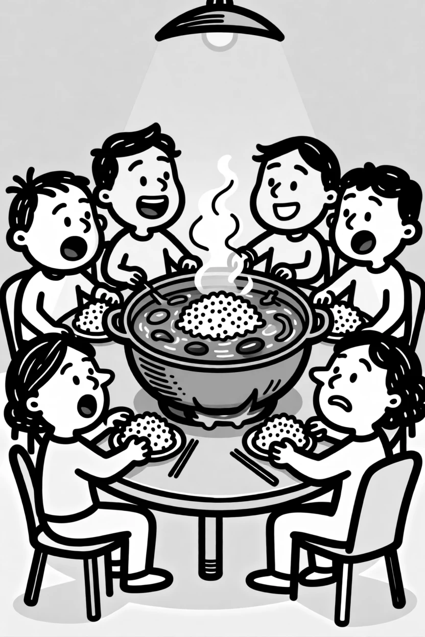 A group sharing a big pot of curry and rice at a warmly lit dinner table.