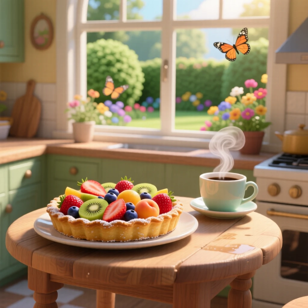 A fresh fruit tart with glossy glaze sits at a small table overlooking a garden, next to a steaming cup of coffee. The scene feels inviting, warm, and delicious.