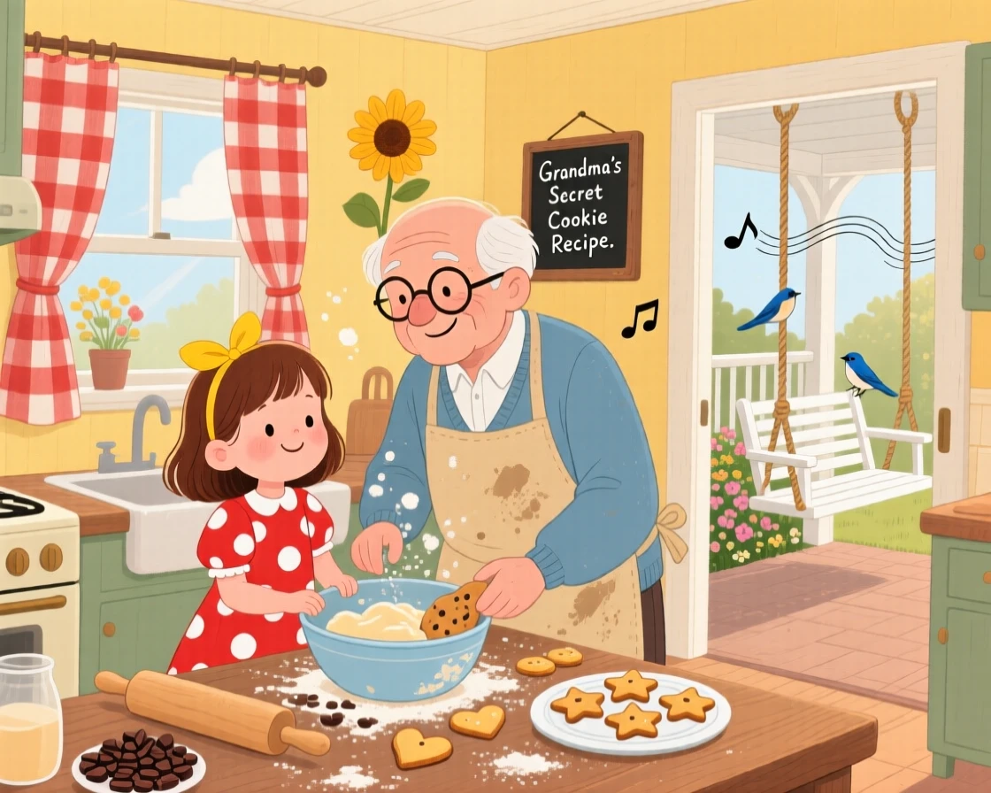 A girl in a polka-dot dress and his grandfather are baking cookies together in a warm kitchen, while the porch swing creaks gently.