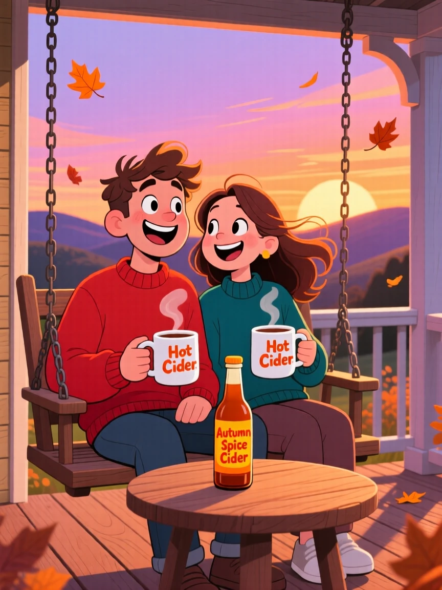A couple watching the sunset with mugs of cider on a porch.