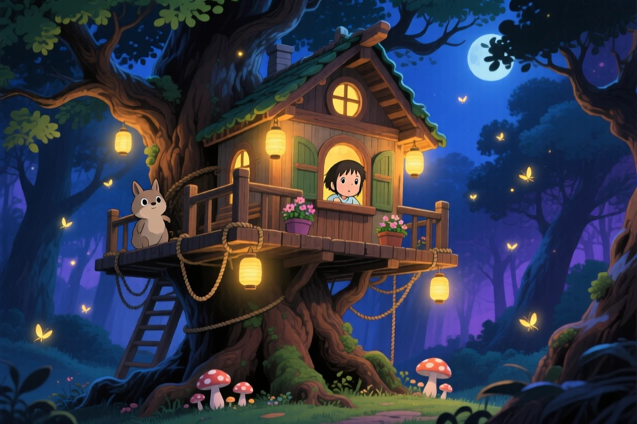 A nighttime scene of a treehouse glowing with lantern light deep in a night forest, hushed and magical.