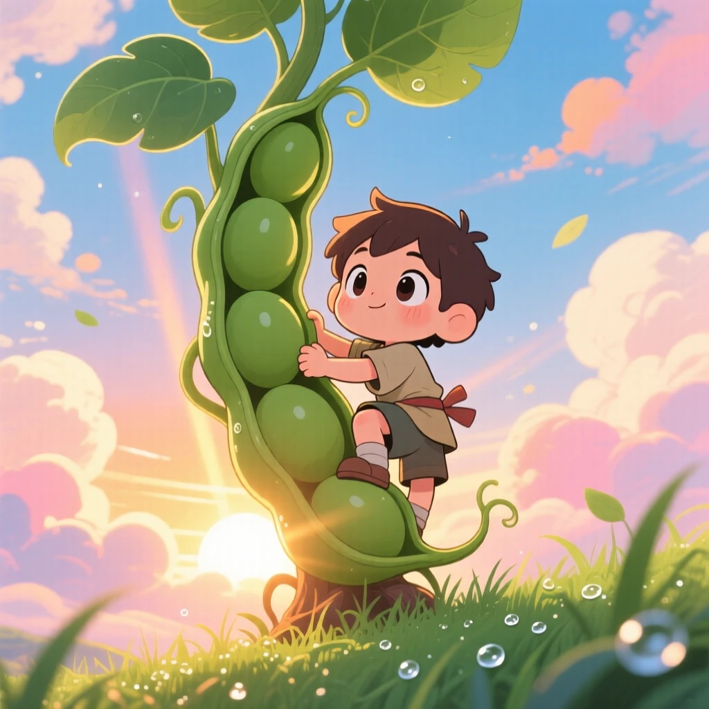 In a magical cloud-covered sky, a small boy is climbing a giant beanstalk toward the clouds as morning dew glistens on the grass, bathed in rays of sunrise breaking through clouds, expression full of proud determination. Shot as a full-body shot.