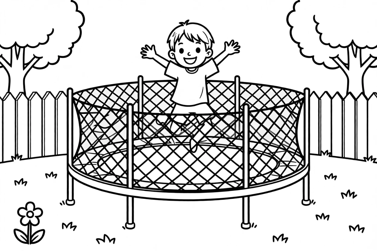 A trampoline in a backyard with a child mid-jump