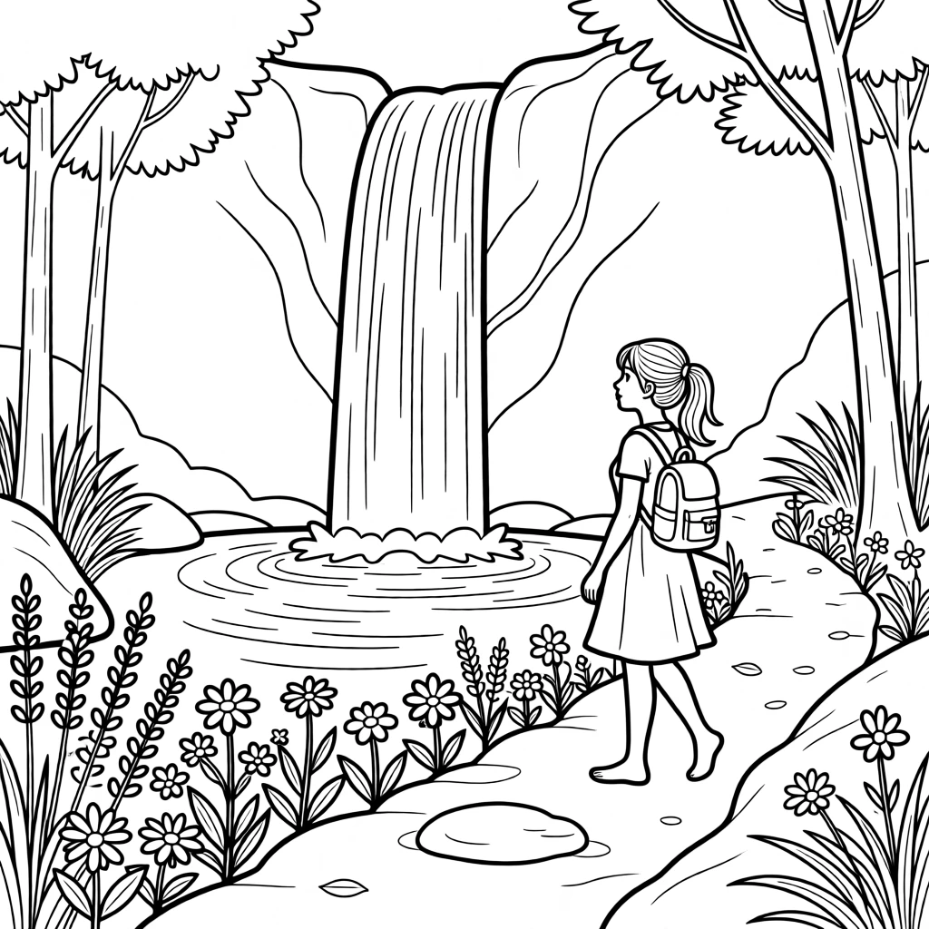 A waterfall cascading into a crystal-clear pool, with wildflowers scattered along the trail.