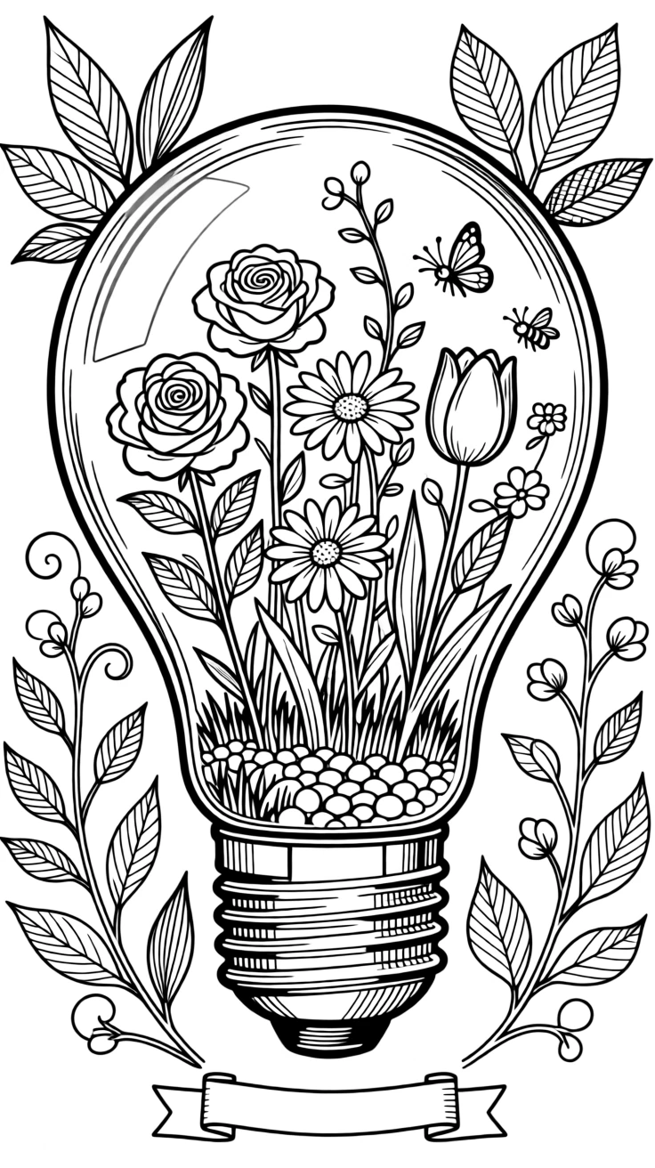 A single lightbulb filled with a blooming garden instead of a filament.