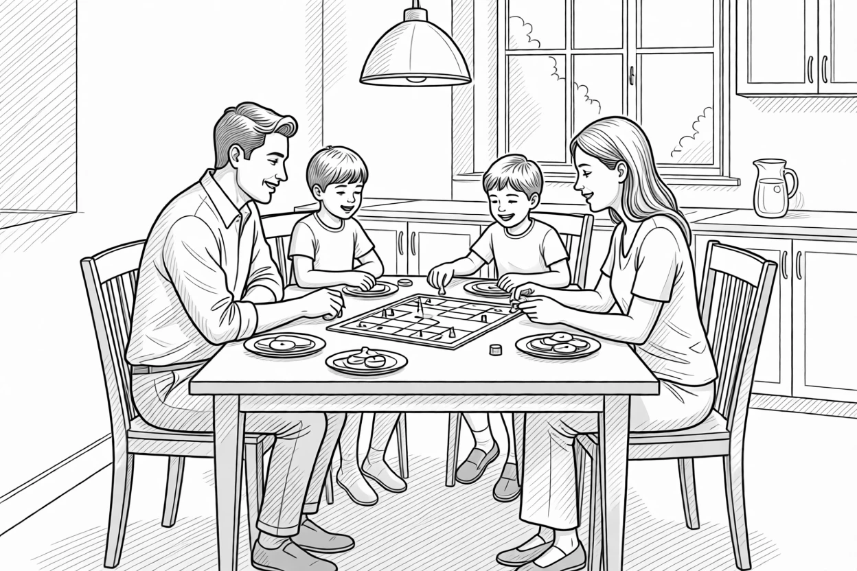 A family playing a board game together at the kitchen table