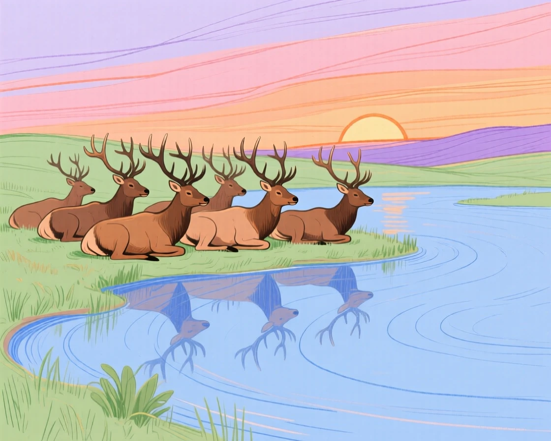 A herd of elk napping beside a still lake at sunset.