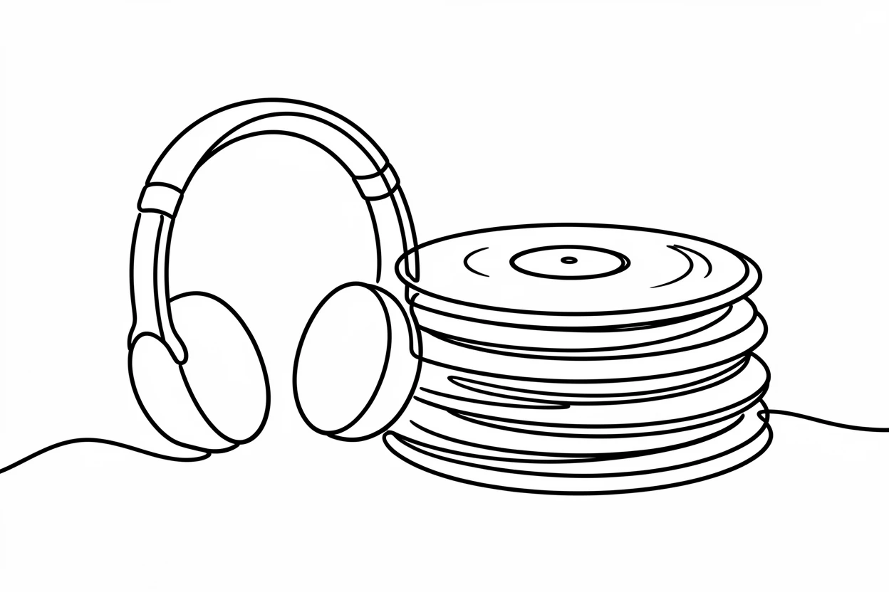 A pair of headphones resting beside a stack of vinyl records