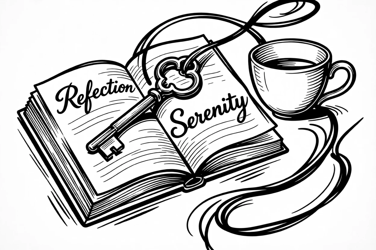 A key resting atop an open journal beside a cup of tea.