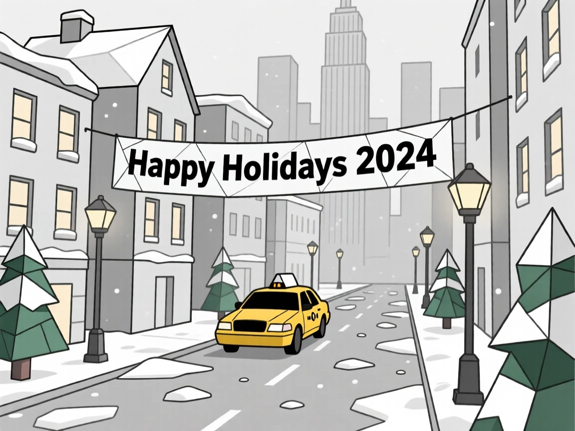 A snowy New York street during the holiday season