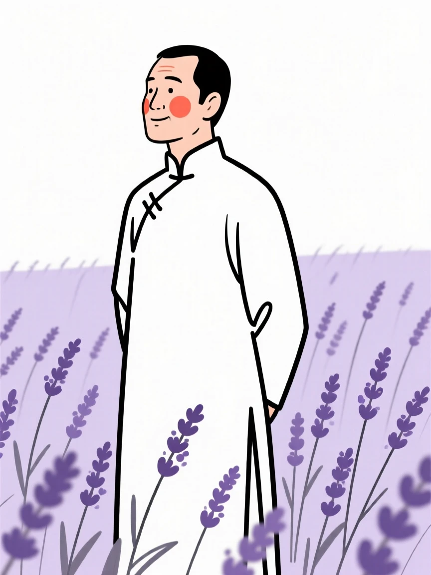 A father of Vietnamese heritage wearing a Chinese qipao, looking hopeful toward the horizon, in a lavender field.