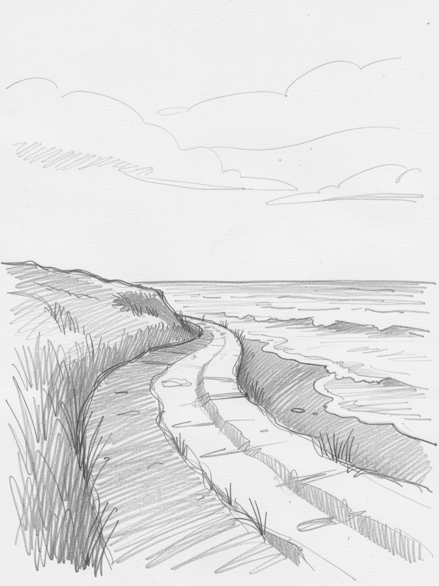 A winding path leading toward a distant horizon, as calm waves lap quietly at the shore, radiating quiet hope and renewal.