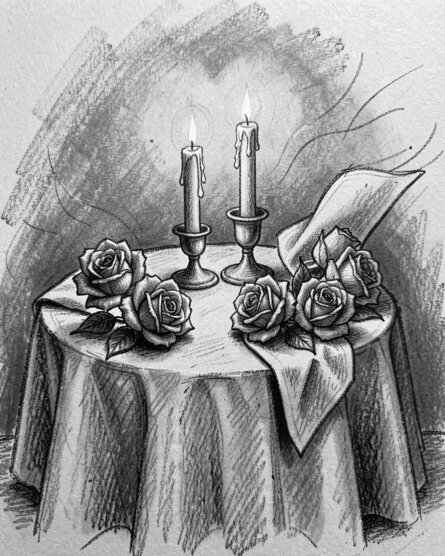 A Valentine's Day dinner set with candles and roses, with a light breeze stirring the surroundings.