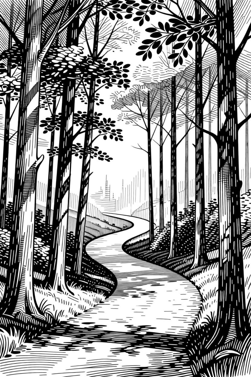 A path winding through a sunlit forest, disappearing into the distance.