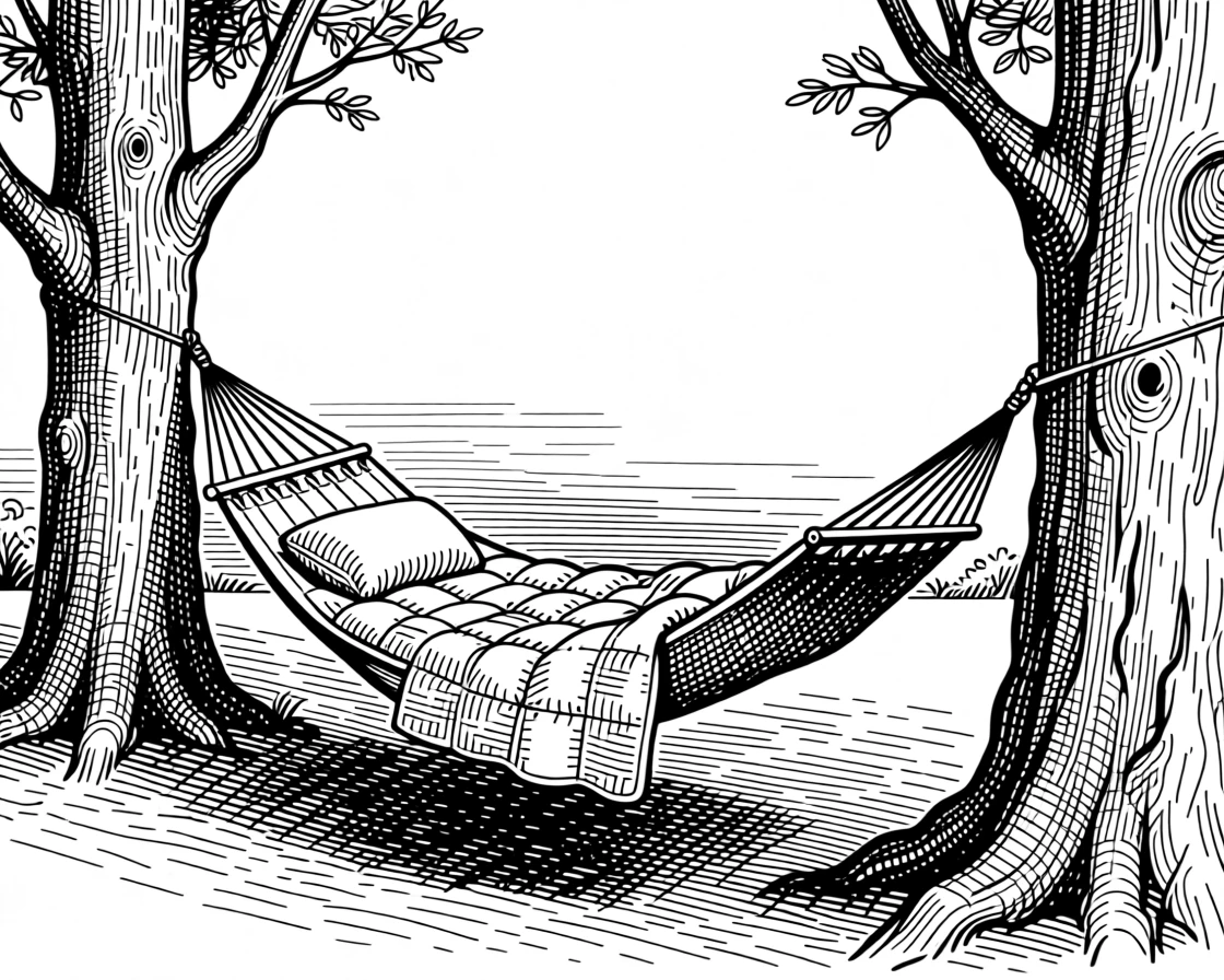 A hammock strung between two trees at sunset beneath a sky painted in soft pastel hues, with a folded quilt with hand-stitched patterns, evoking a simply content sense of calm.