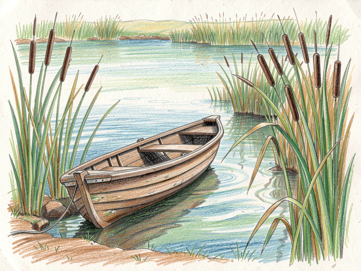 A quiet countryside pond with cattails and a wooden rowboat, framed thoughtfully to draw the eye toward the central subject, full of charm, emotion, and visual delight.