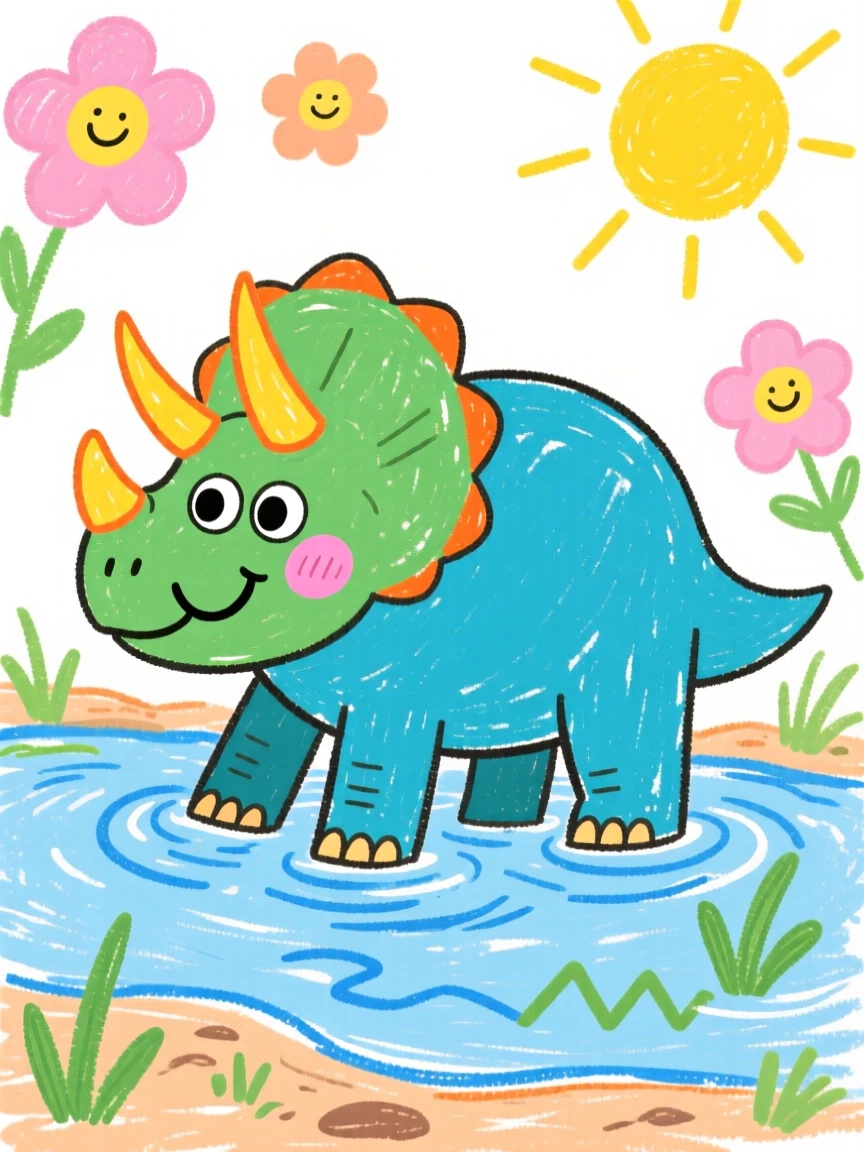 A friendly triceratops with three curved horns wading through a shallow prehistoric river.
