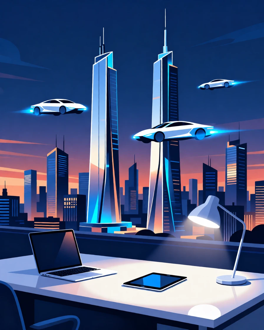 A futuristic skyline with flying cars gliding between towers, set within a calm, organized workspace, framed with soft glowing light highlighting key details, with sleek metallic textures catching soft light.