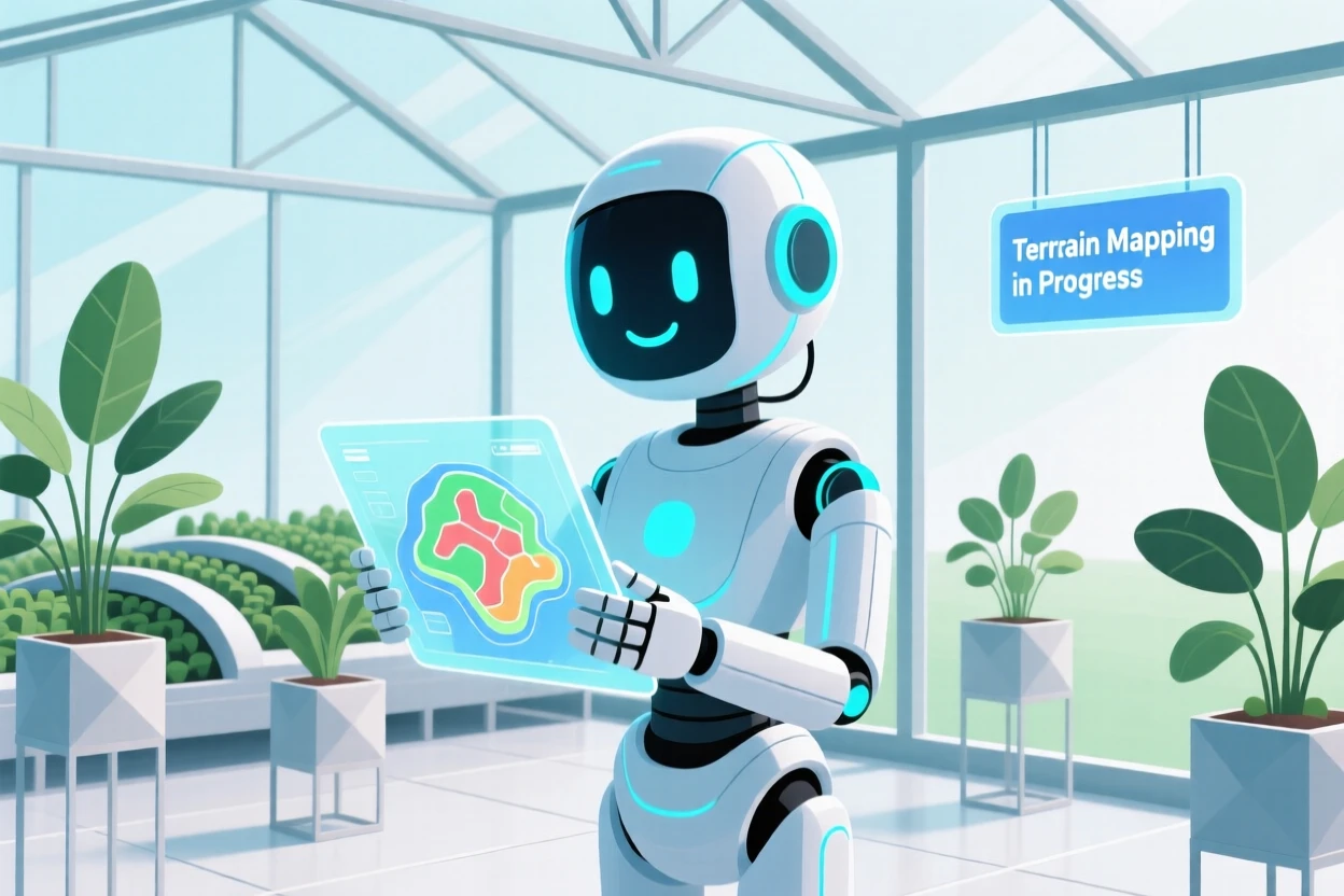 A friendly AI assistant mapping the terrain in a futuristic greenhouse.