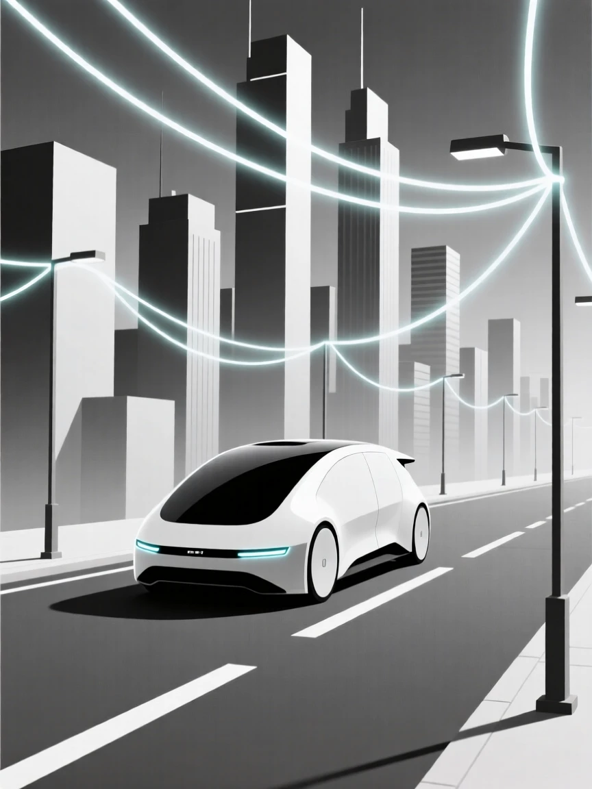 A view of autonomous vehicle on a city street operating within a futuristic city skyline, near a network of glowing wires, evoking quiet efficiency.