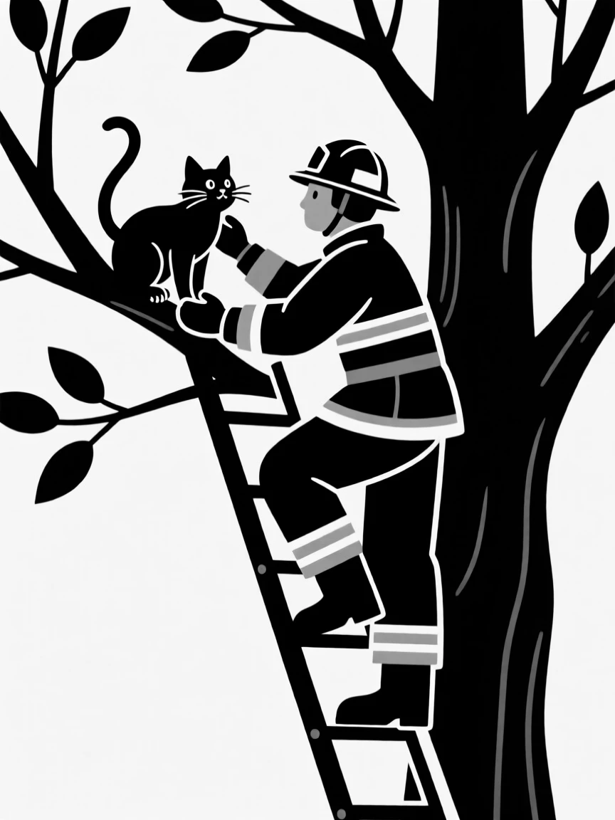 A firefighter rescuing a kitten from a tree.