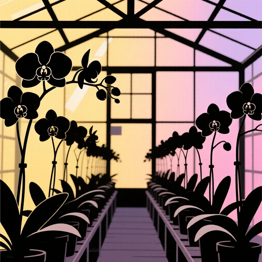 A quiet greenhouse filled with rows of blooming orchids.