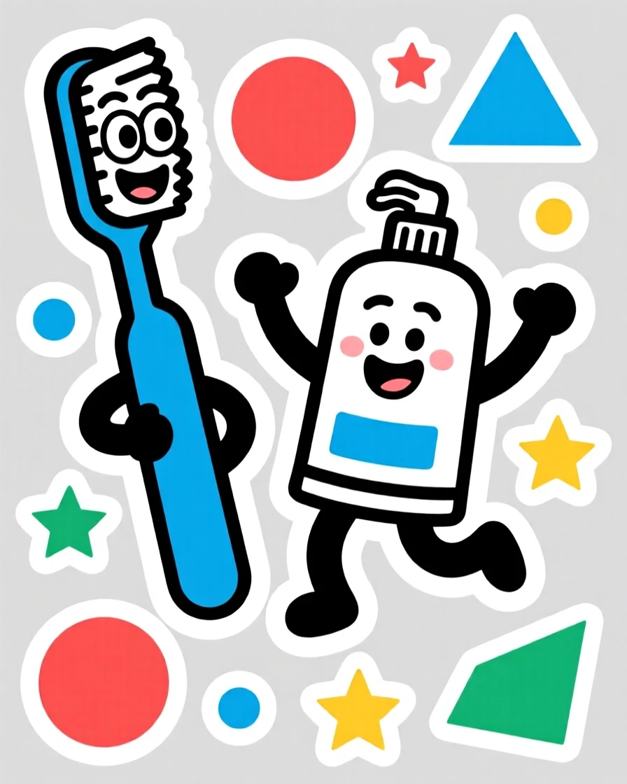 A cheerful and encouraging cartoon toothbrush and toothpaste dancing together, surrounded by simple colorful shapes, made for curious young minds.