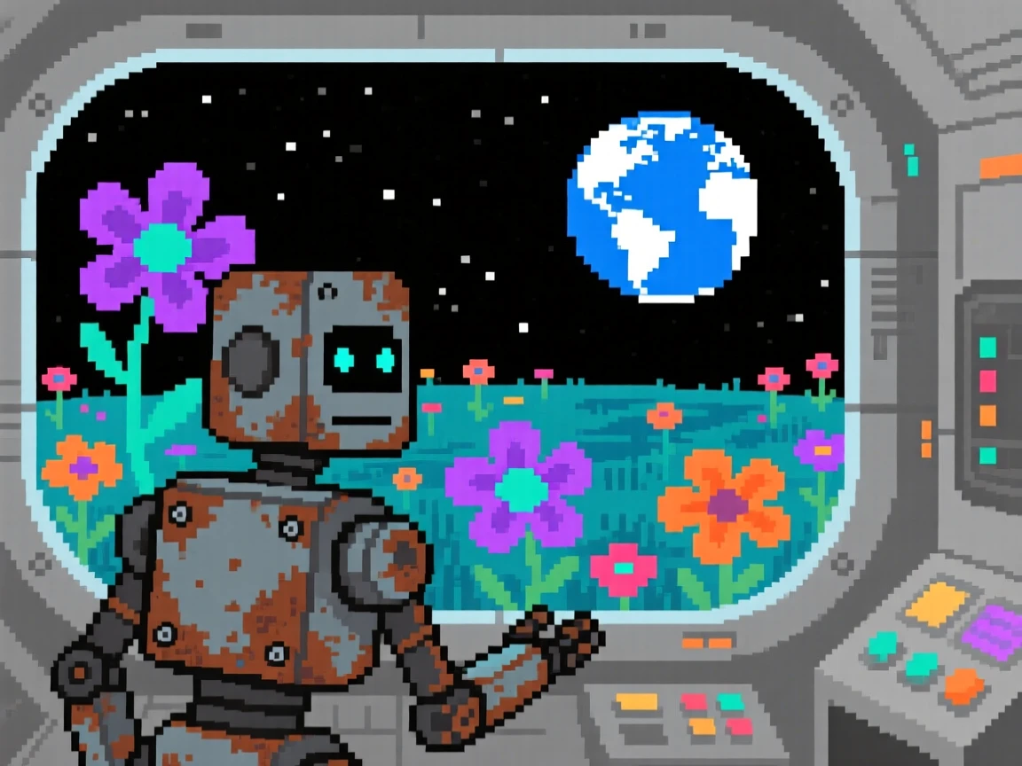 A rusty robot explorer discovering a field of alien flowers, inside a space station overlooking Earth.