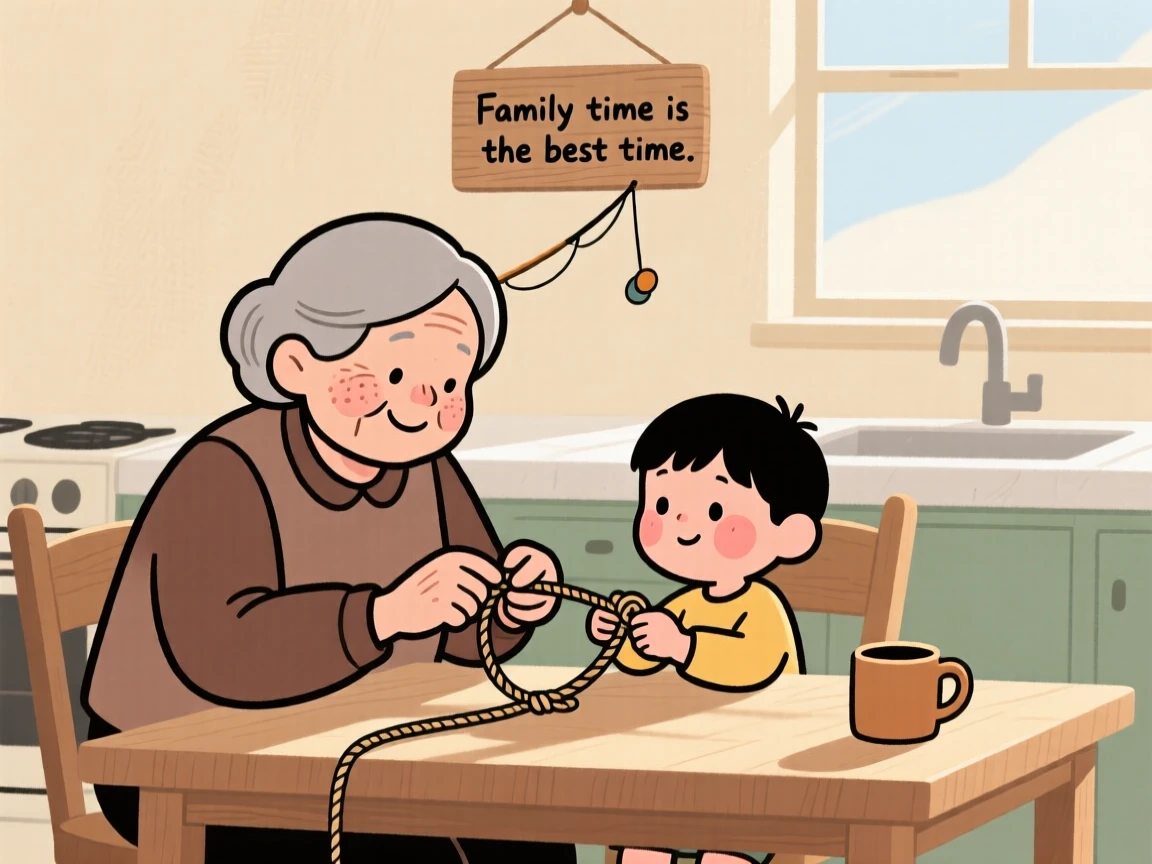 A grandmother teaches a eager grandchild how to tie a fishing knot at the kitchen table while morning light spills across the counter, both focused and smiling.