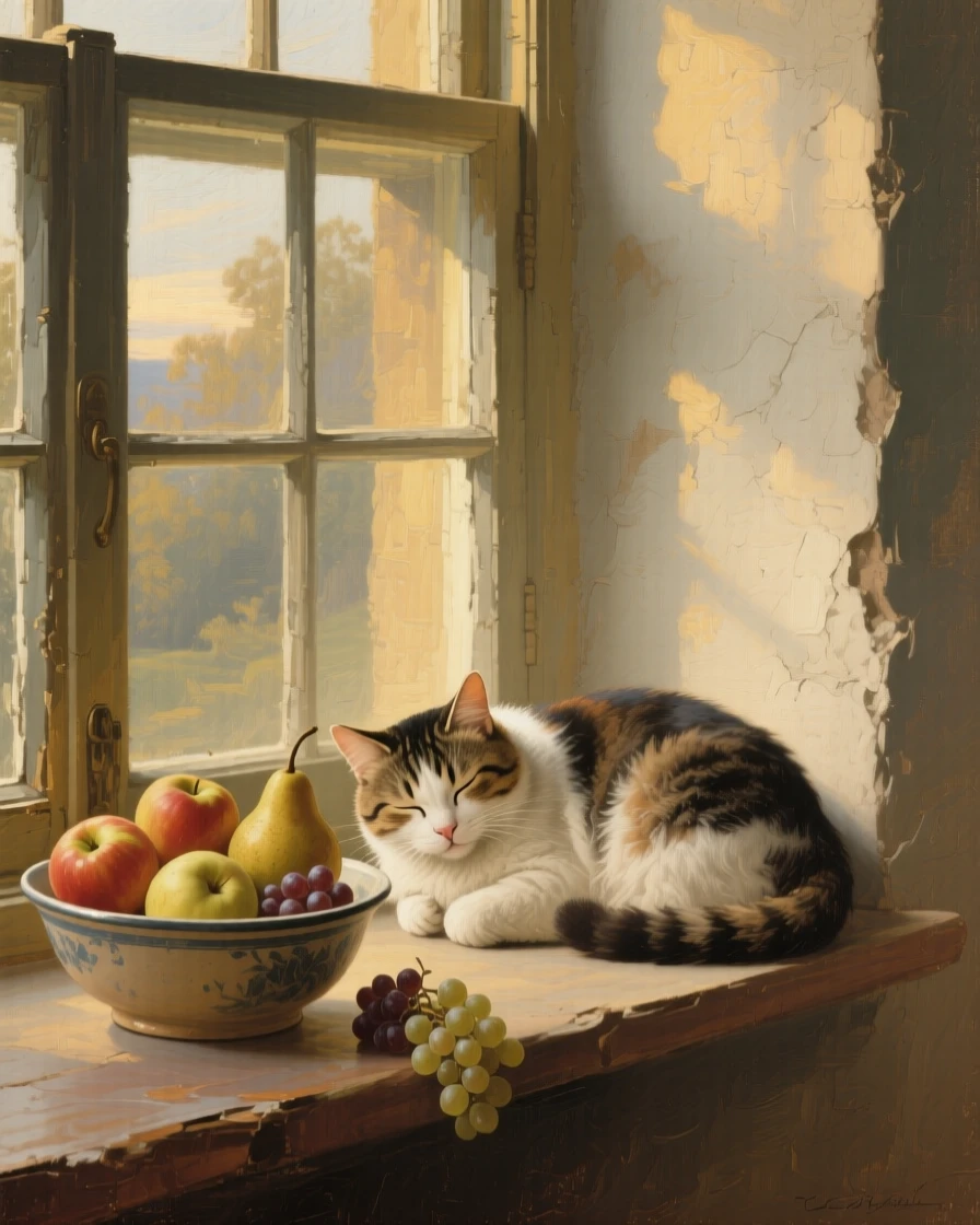 A medium shot of a sleepy cat curled on a windowsill beside a bowl of fruit, in late afternoon, in the early 19th century.